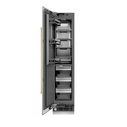 ZLINE Autograph Edition 18 in. 8.6 cu. ft. Left Hinge Column Freezer in Stainless Steel with Graphite Gray Interior and Champagne Bronze Accents (RCFVLZ-30418-CB) front, open.