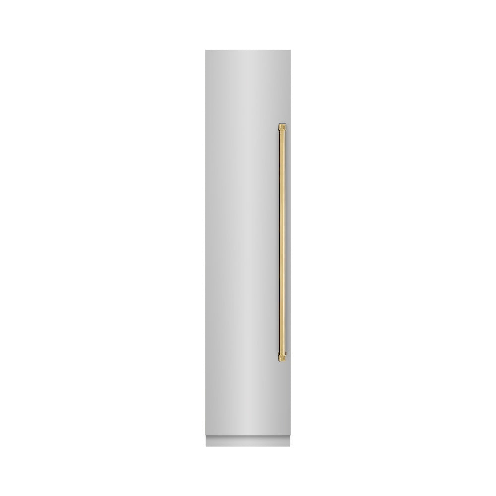 ZLINE Autograph Edition 18 in. 8.6 cu. ft. Left Hinge Column Freezer in Stainless Steel with Graphite Gray Interior and Polished Gold Accents (RCFVLZ-30418-G) front, closed.