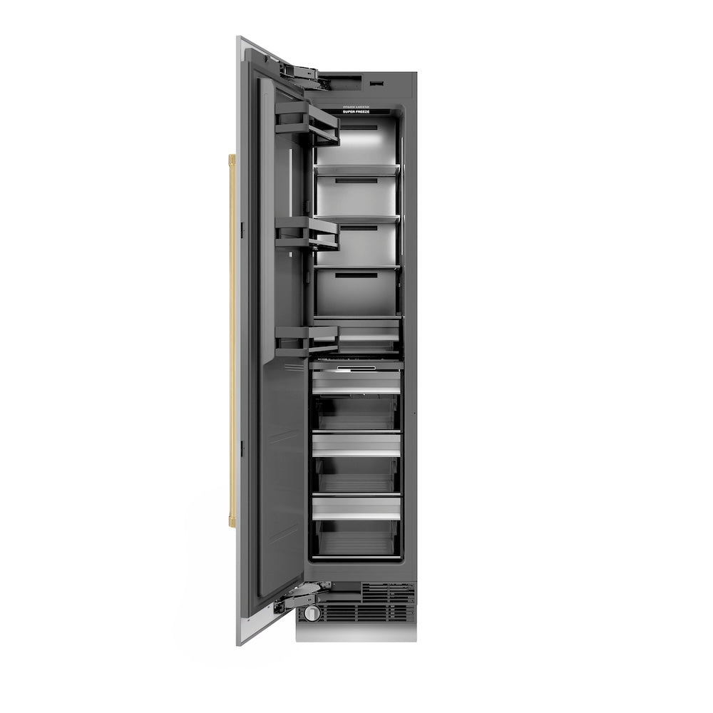 ZLINE Autograph Edition 18 in. 8.6 cu. ft. Left Hinge Column Freezer in Stainless Steel with Graphite Gray Interior and Polished Gold Accents (RCFVLZ-30418-G) main image.