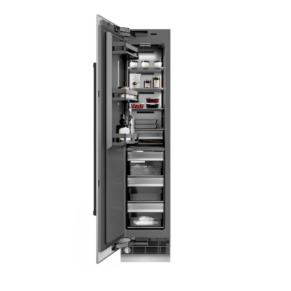 ZLINE Autograph Edition 18 in. 8.6 cu. ft. Left Hinge Column Freezer in Stainless Steel with Graphite Gray Interior and Matte Black Accents (RCFVLZ-30418-MB) front, open, with food inside.