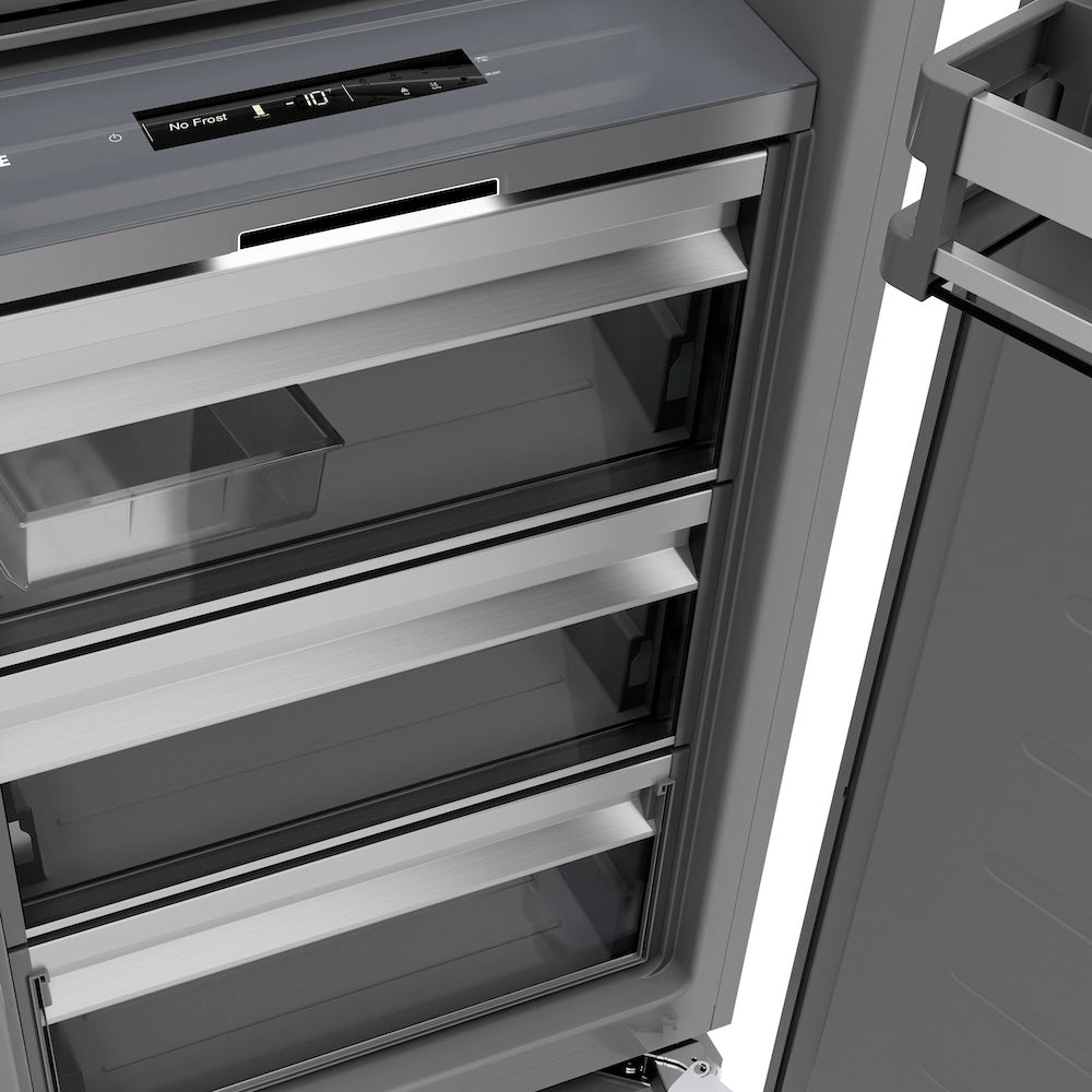 ZLINE Autograph Edition 18 in. 8.6 cu. ft. Right Hinge Column Freezer in Stainless Steel with Graphite Gray Interior and Champagne Bronze Accents (RCFVRZ-30418-CB) storage drawers.