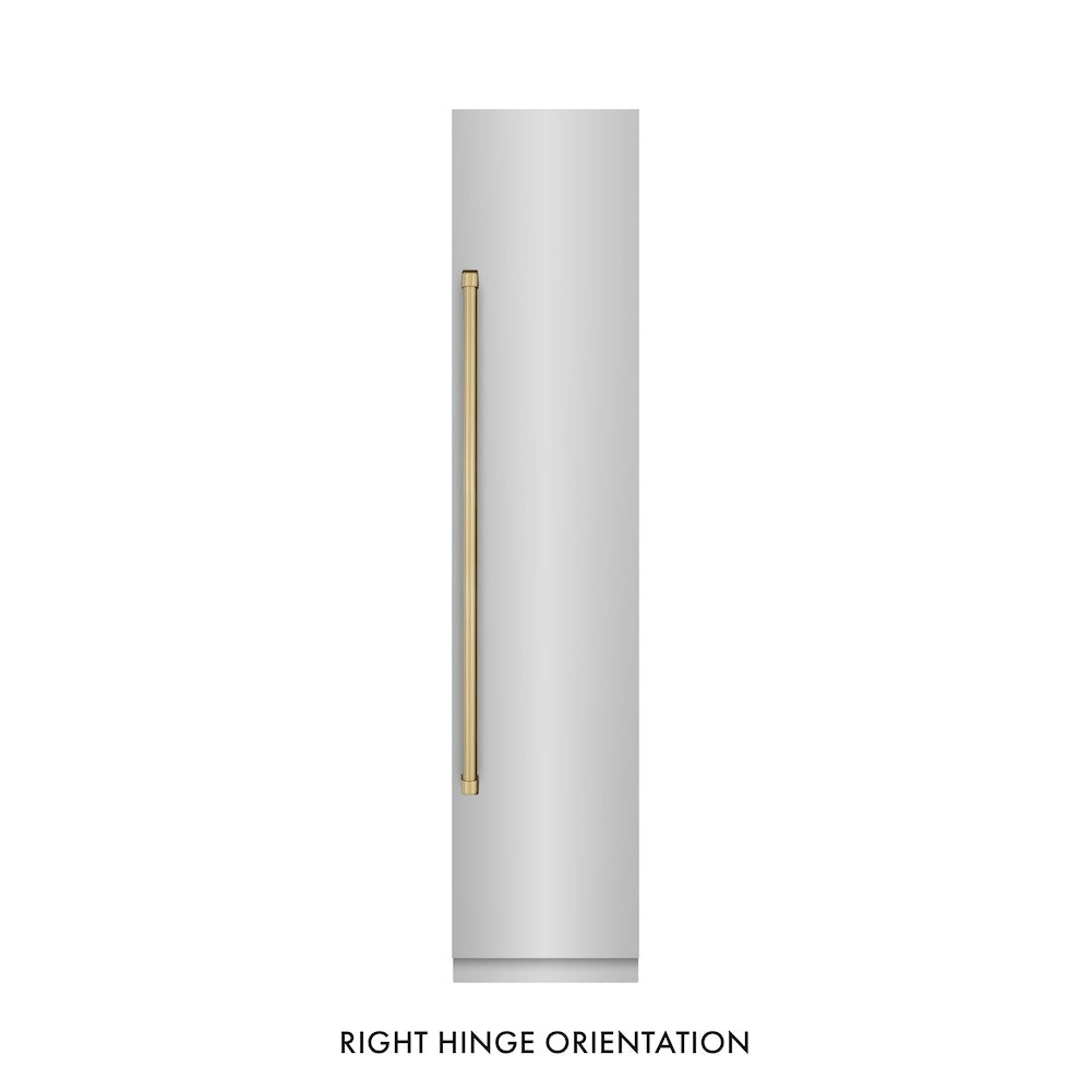 ZLINE Autograph Edition 18 in. 8.6 cu. ft. Right Hinge Column Freezer in Stainless Steel with Graphite Gray Interior and Champagne Bronze Accents (RCFVRZ-30418-CB) front, closed.
