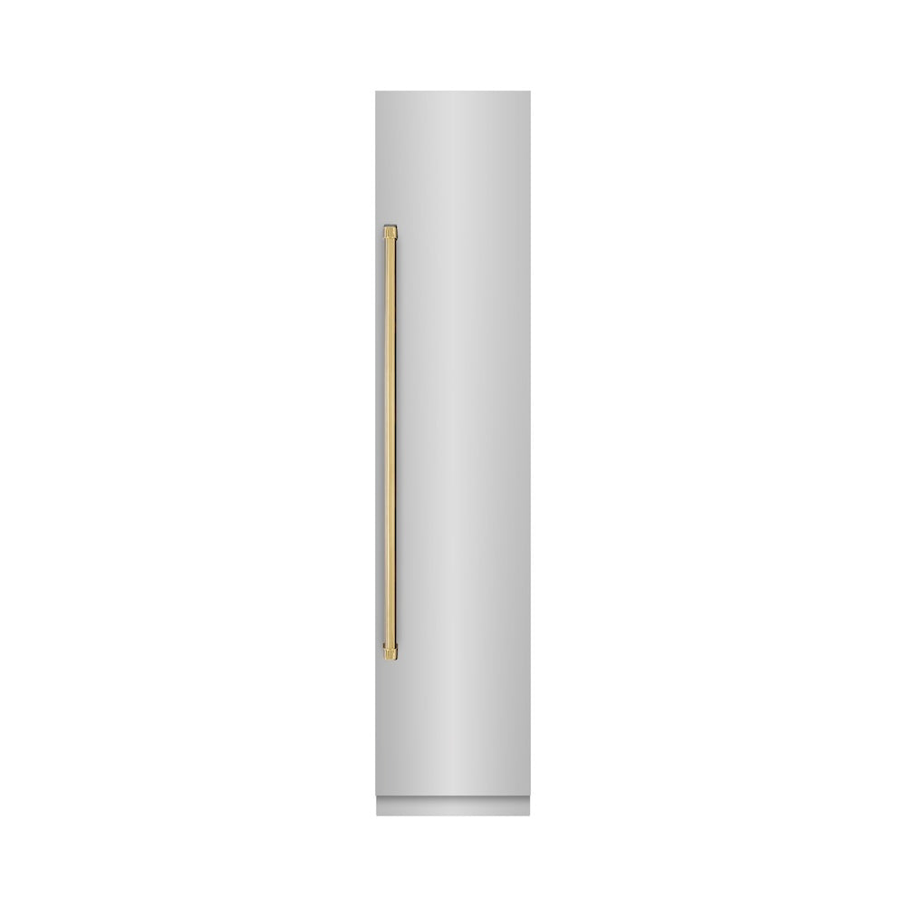 ZLINE Autograph Edition 18 in. 8.6 cu. ft. Right Hinge Column Freezer in Stainless Steel with Graphite Gray Interior and Polished Gold Accents (RCFVRZ-30418-G) front, closed.