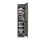 ZLINE Autograph Edition 18 in. 8.6 cu. ft. Right Hinge Column Freezer in Stainless Steel with Graphite Gray Interior and Polished Gold Accents (RCFVRZ-30418-G) front, open, with food inside.