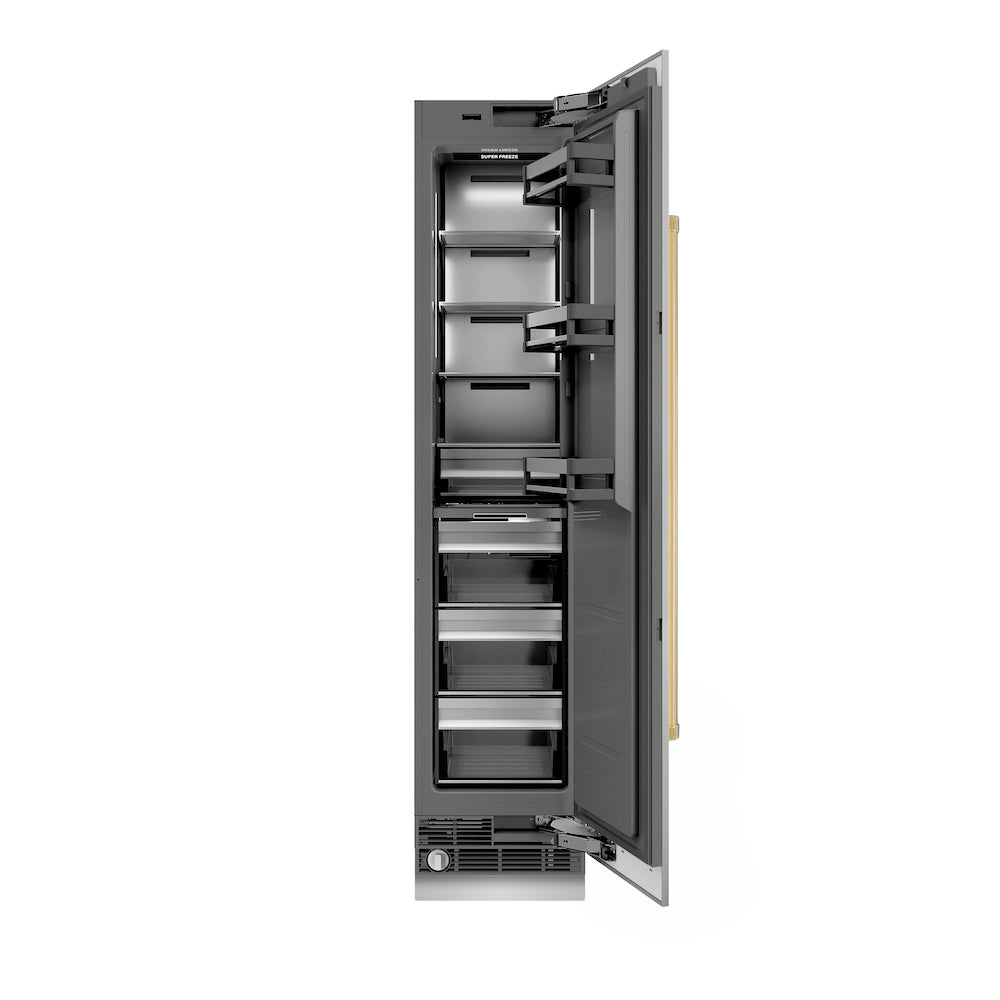 ZLINE Autograph Edition 18 in. 8.6 cu. ft. Right Hinge Column Freezer in Stainless Steel with Graphite Gray Interior and Polished Gold Accents (RCFVRZ-30418-G) main image.