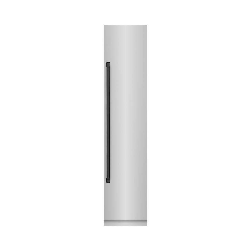 ZLINE Autograph Edition 18 in. 8.6 cu. ft. Right Hinge Column Freezer in Stainless Steel with Graphite Gray Interior and Matte Black Accents (RCFVRZ-30418-MB) front, closed.