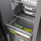 ZLINE Autograph Edition 24 in. 12.4 cu. ft. Column Freezer in Stainless Steel with Graphite Gray Interior and Champagne Bronze Accents (RCFVZ-304-24-CB) shelving with food.