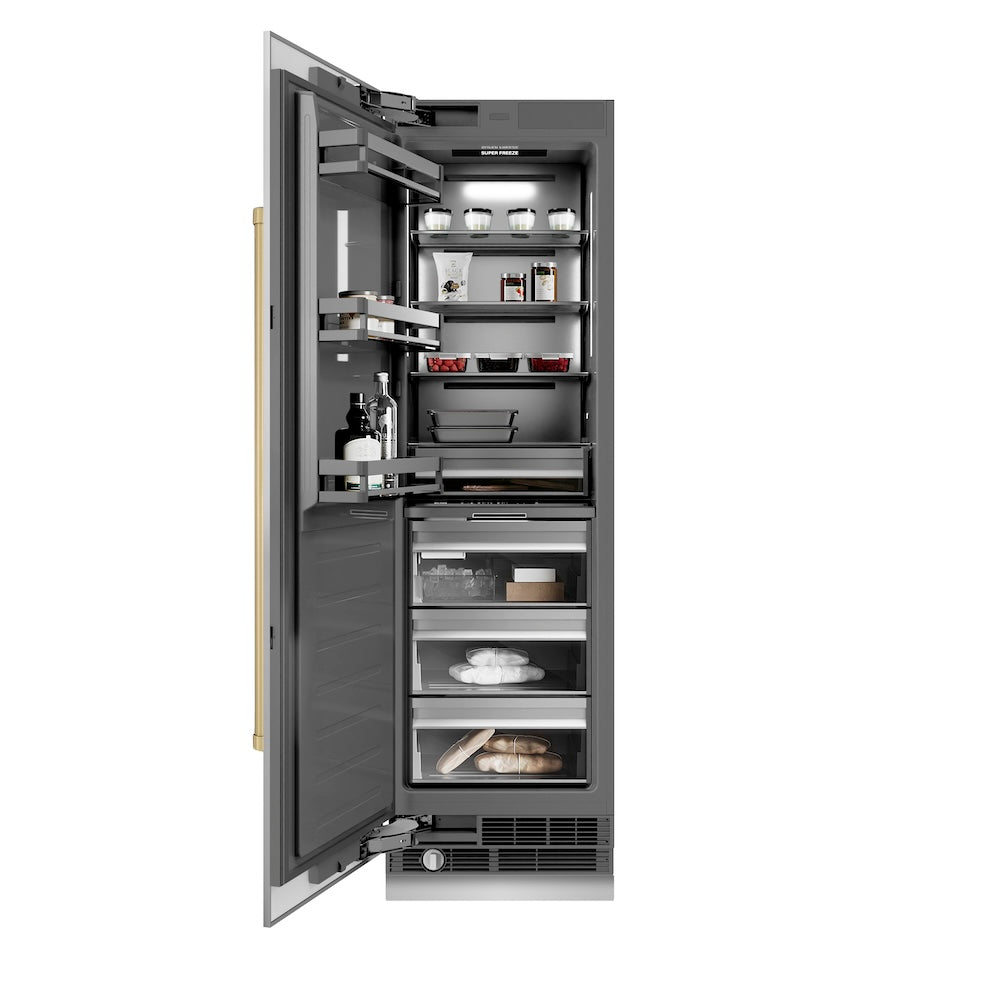 ZLINE Autograph Edition 24 in. 12.4 cu. ft. Column Freezer in Stainless Steel with Graphite Gray Interior and Champagne Bronze Accents (RCFVZ-304-24-CB) front, open, with food inside.