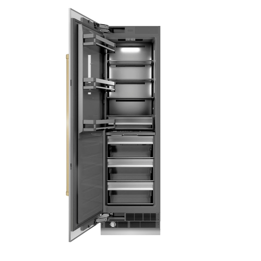 ZLINE Autograph Edition 24 in. 12.4 cu. ft. Column Freezer in Stainless Steel with Graphite Gray Interior and Champagne Bronze Accents (RCFVZ-304-24-CB) main image.