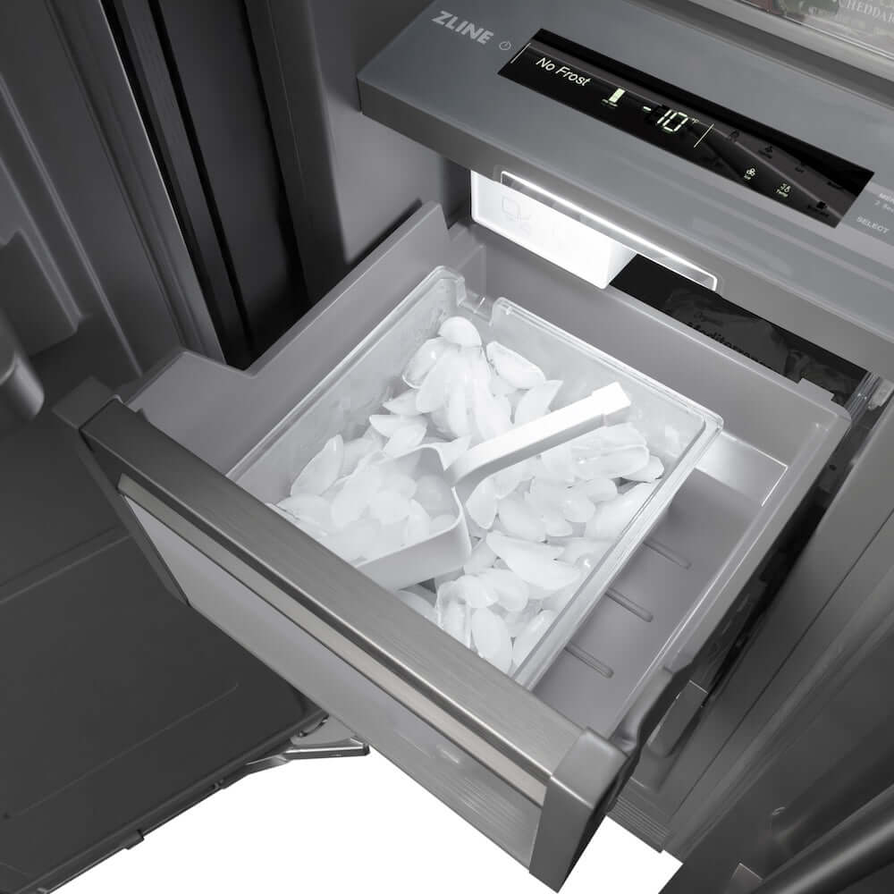 ZLINE Autograph Edition 24 in. 12.4 cu. ft. Column Freezer in Stainless Steel with Graphite Gray Interior and Polished Gold Accents (RCFVZ-30424-G) ice and ice scoop.