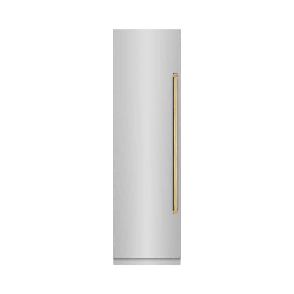 ZLINE Autograph Edition 24 in. 12.4 cu. ft. Column Freezer in Stainless Steel with Graphite Gray Interior and Polished Gold Accents (RCFVZ-30424-G) front, closed.