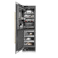 ZLINE Autograph Edition 24 in. 12.4 cu. ft. Column Freezer in Stainless Steel with Graphite Gray Interior and Polished Gold Accents (RCFVZ-30424-G) front, open, with food inside.