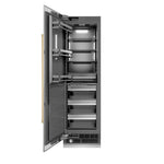 ZLINE Autograph Edition 24 in. 12.4 cu. ft. Column Freezer in Stainless Steel with Graphite Gray Interior and Polished Gold Accents (RCFVZ-30424-G) front, open.