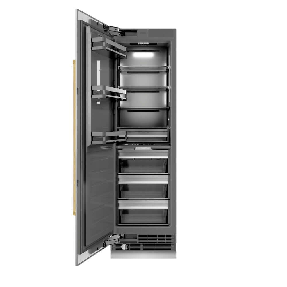 ZLINE Autograph Edition 24 in. 12.4 cu. ft. Column Freezer in Stainless Steel with Graphite Gray Interior and Polished Gold Accents (RCFVZ-30424-G) front, open.