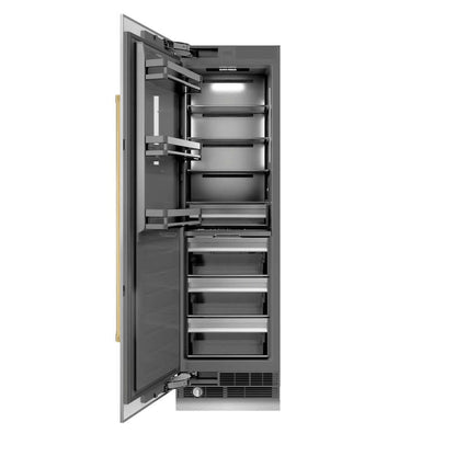 ZLINE Autograph Edition 24 in. 12.4 cu. ft. Column Freezer in Stainless Steel with Graphite Gray Interior and Polished Gold Accents (RCFVZ-30424-G) front, open.