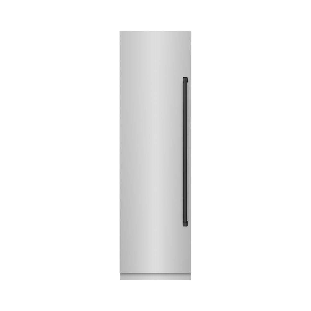 ZLINE Autograph Edition 24 in. 12.4 cu. ft. Column Freezer in Stainless Steel with Graphite Gray Interior and Matte Black Accents (RCFVZ-304-24-MB) front, closed.