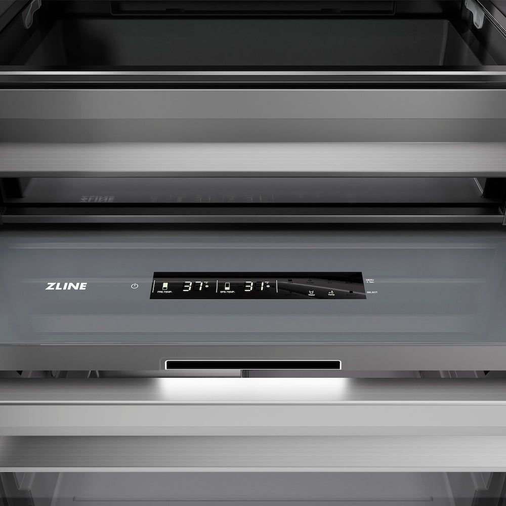 ZLINE 24 in. 12.5 cu. ft. Column Refrigerator in Stainless Steel with Graphite Gray Interior (RCRV-304-24) touch controls and display.