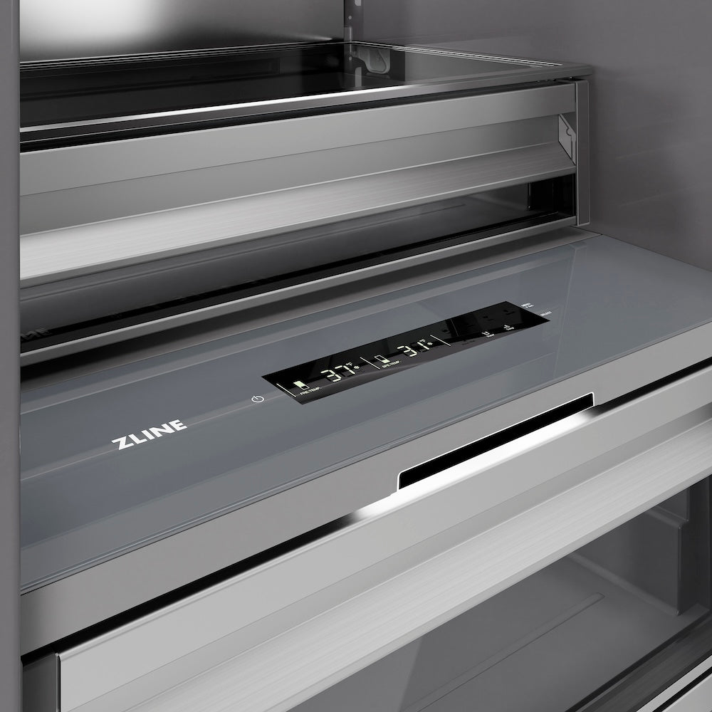 ZLINE 30 in. 16.7 cu. ft. Column Refrigerator in Stainless Steel with Graphite Gray Interior (RCRV-304-30) touch controls and display.