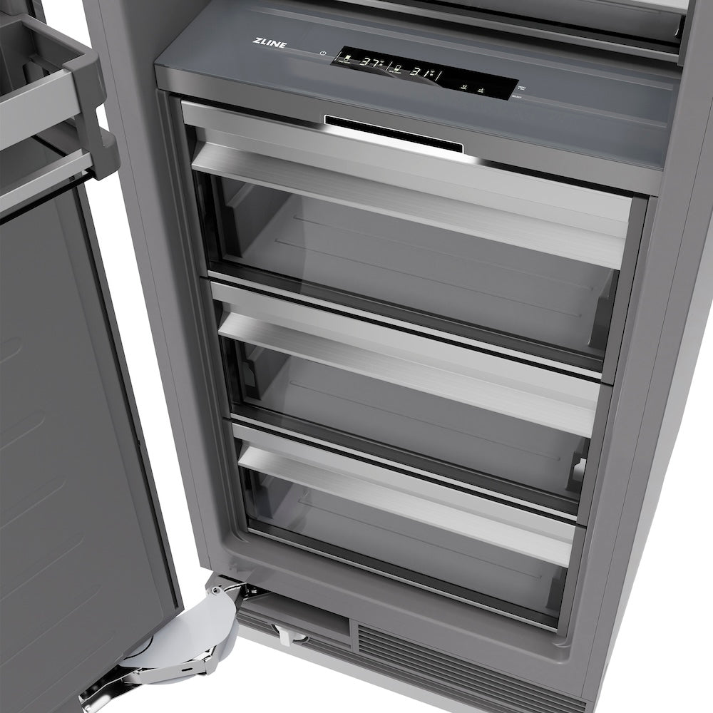 ZLINE Autograph Edition 24 in. 12.5 cu. ft. Column Refrigerator in Stainless Steel with Graphite Gray Interior and Champagne Bronze Accents (RCRVZ-30424-CB) storage drawers.