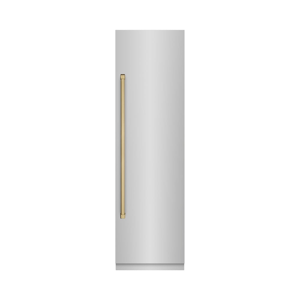 ZLINE Autograph Edition 24 in. 12.5 cu. ft. Column Refrigerator in Stainless Steel with Graphite Gray Interior and Champagne Bronze Accents (RCRVZ-30424-CB) front, closed.