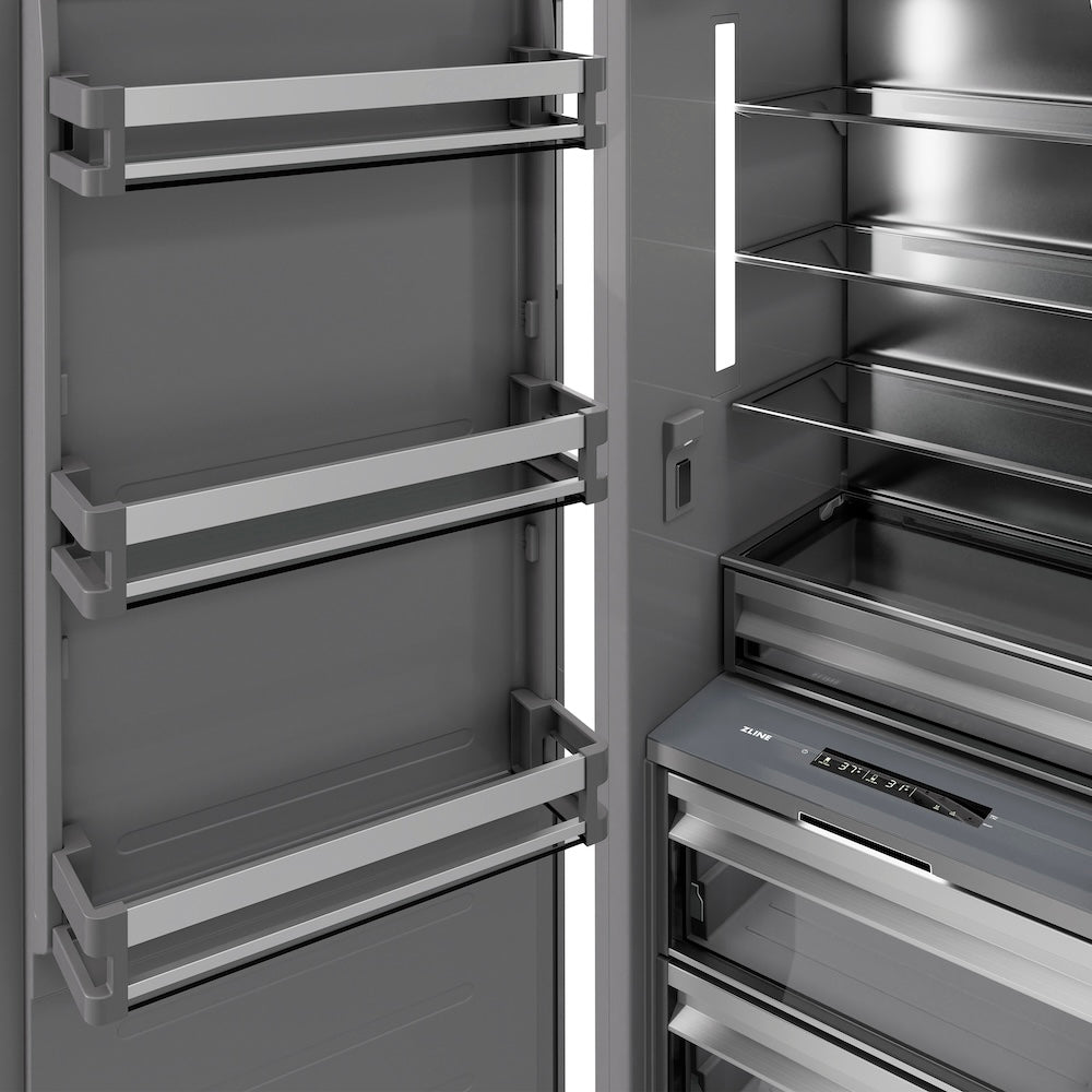ZLINE Autograph Edition 24 in. 12.5 cu. ft. Column Refrigerator in Stainless Steel with Graphite Gray Interior and Polished Gold Accents (RCRVZ-30424-G) door open detail.