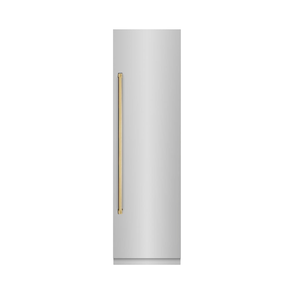 ZLINE Autograph Edition 24 in. 12.5 cu. ft. Column Refrigerator in Stainless Steel with Graphite Gray Interior and Polished Gold Accents (RCRVZ-30424-G) front, closed.