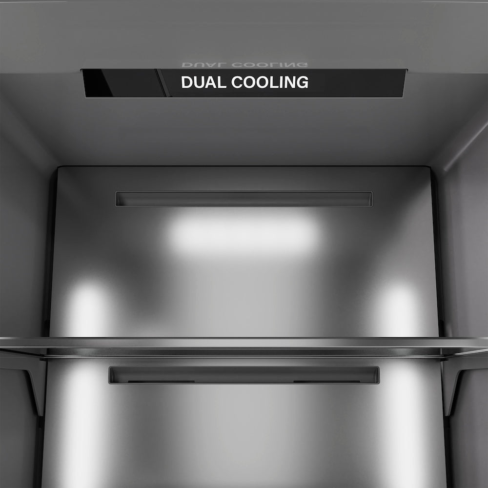 ZLINE Autograph Edition 30 in. 16.7 cu. ft. Column Refrigerator in Stainless Steel with Graphite Gray Interior and Champagne Bronze Accents (RCRVZ-30430-CB) dual cooling technology.