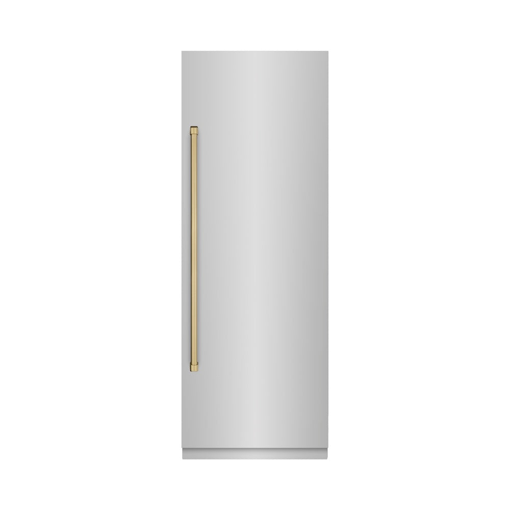 ZLINE Autograph Edition 30 in. 16.7 cu. ft. Column Refrigerator in Stainless Steel with Graphite Gray Interior and Champagne Bronze Accents (RCRVZ-30430-CB) front, closed.