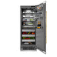 ZLINE Autograph Edition 30 in. 16.7 cu. ft. Column Refrigerator in Stainless Steel with Graphite Gray Interior and Polished Gold Accents (RCRVZ-30430-G) front, open, displaying various food and drink items.