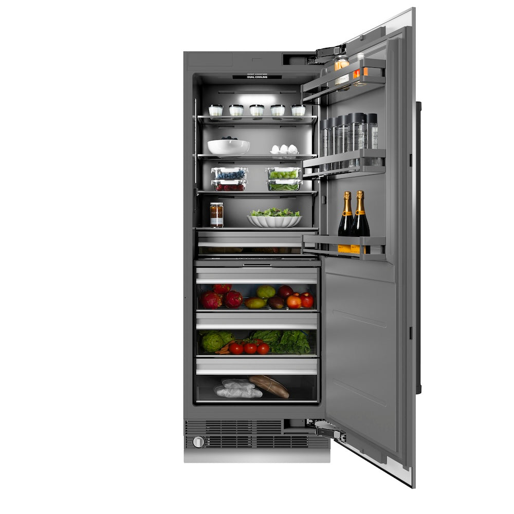 ZLINE Autograph Edition 30 in. 16.7 cu. ft. Column Refrigerator in Stainless Steel with Graphite Gray Interior and Matte Black Accents (RCRVZ-30430-MB) front, open, displaying various food and drink items.