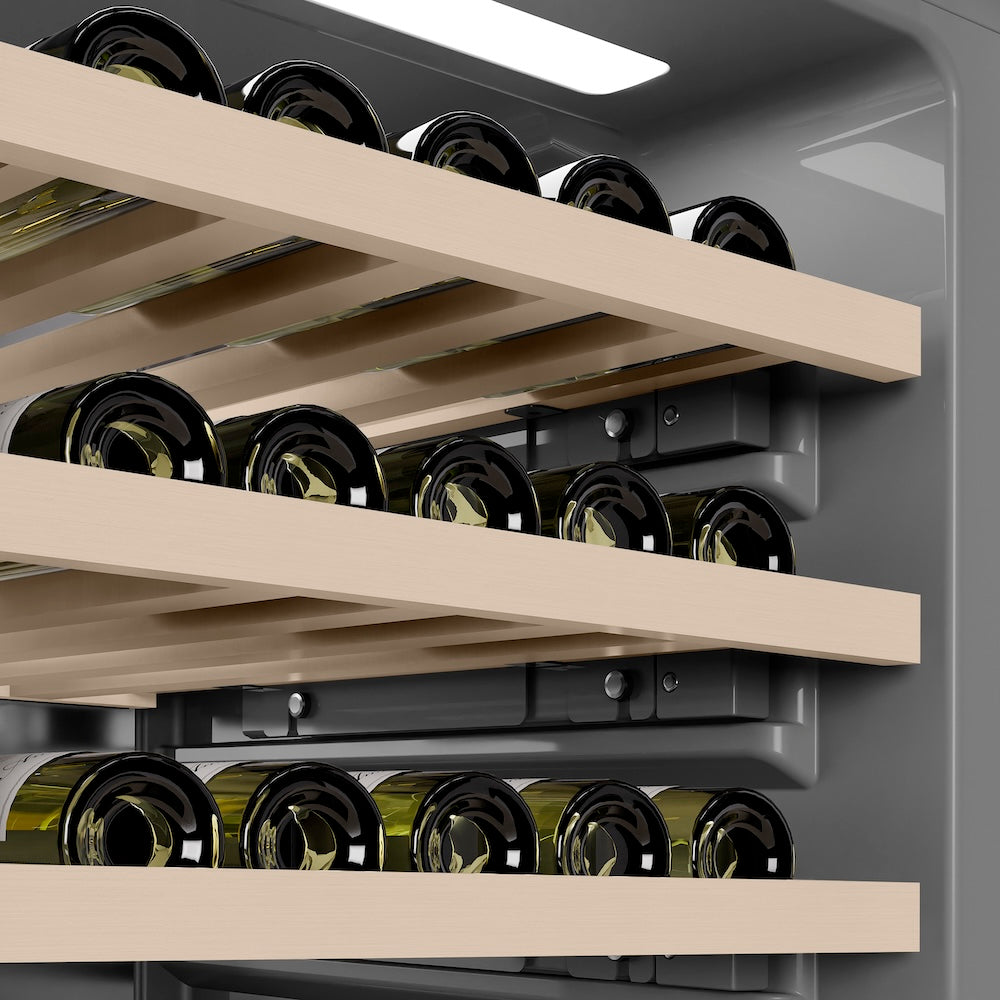 ZLINE 24 in. 12.4 cu. ft. Triple Zone 100 Bottle Column Wine Cooler in Stainless Steel (RCWV-304-24) grey interior.