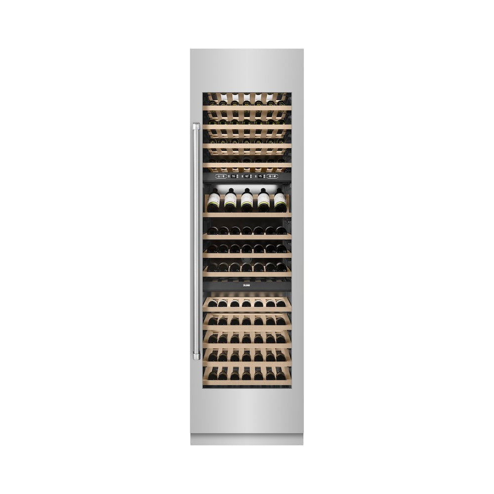 ZLINE 24 in. 12.4 cu. ft. Triple Zone 100 Bottle Column Wine Cooler in Stainless Steel (RCWV-304-24) front, closed.