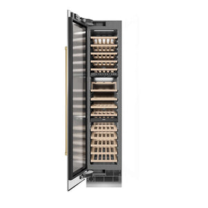 ZLINE Autograph Edition 18 in. 9.0 cu. ft. Triple Zone 68 Bottle Left Hinge Column Wine Cooler in Stainless Steel with Champagne Bronze Accents (RCWVLZ-30418-CB) front, open.