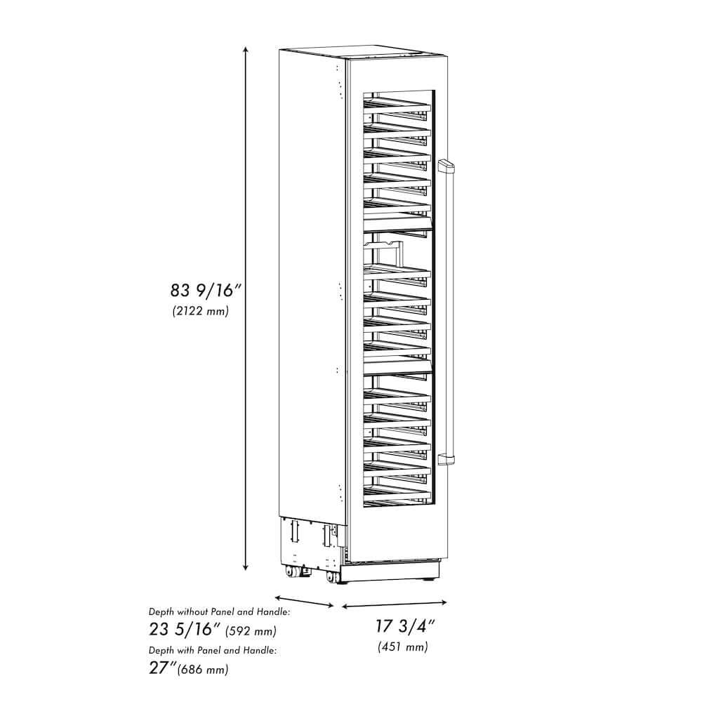 ZLINE Autograph Edition 18 in. 9.0 cu. ft. Triple Zone 68 Bottle Left Hinge Column Wine Cooler in Stainless Steel with Polished Gold Accents (RCWVLZ-30418-G) dimensional diagram.