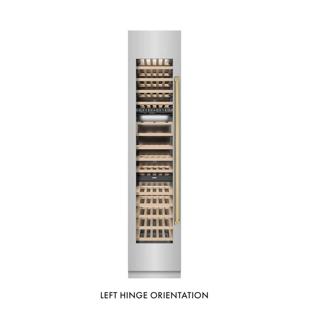 ZLINE Autograph Edition 18 in. 9.0 cu. ft. Triple Zone 68 Bottle Left Hinge Column Wine Cooler in Stainless Steel with Polished Gold Accents (RCWVLZ-30418-G) front, closed.