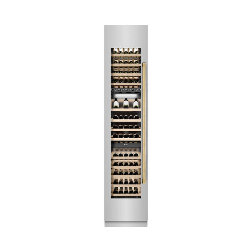 ZLINE Autograph Edition 18 in. 9.0 cu. ft. Triple Zone 68 Bottle Left Hinge Column Wine Cooler in Stainless Steel with Polished Gold Accents (RCWVLZ-30418-G) front, closed.