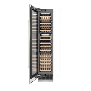 ZLINE Autograph Edition 18 in. 9.0 cu. ft. Triple Zone 68 Bottle Left Hinge Column Wine Cooler in Stainless Steel with Polished Gold Accents (RCWVLZ-30418-G) front, open.