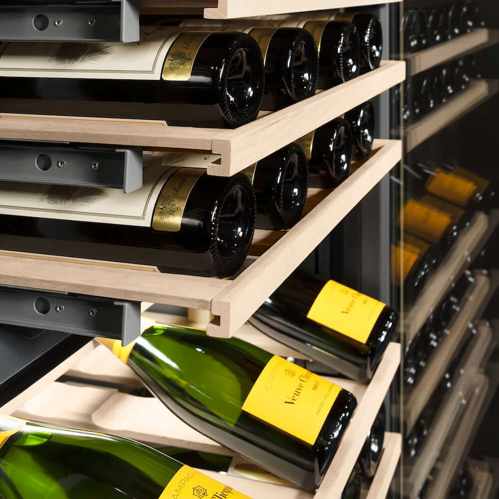ZLINE Autograph Edition 18 in. 9.0 cu. ft. Triple Zone 68 Bottle Left Hinge Column Wine Cooler in Stainless Steel with Matte Black Accents (RCWVLZ-30418-MB) wine on racks.