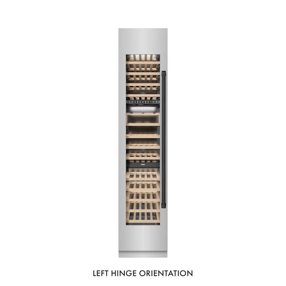 ZLINE Autograph Edition 18 in. 9.0 cu. ft. Triple Zone 68 Bottle Left Hinge Column Wine Cooler in Stainless Steel with Matte Black Accents (RCWVLZ-30418-MB) front, closed.