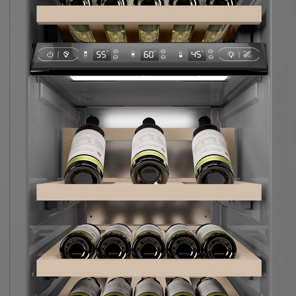 ZLINE Autograph Edition 18 in. 9.0 cu. ft. Triple Zone 68 Bottle Right Hinge Column Wine Cooler in Stainless Steel with Champagne Bronze Accents (RCWVRZ-30418-CB) internal storage racks and controls.