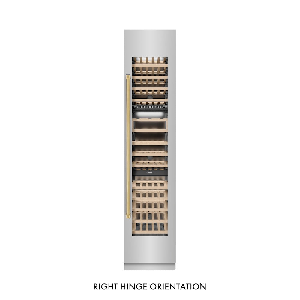 ZLINE Autograph Edition 18 in. 9.0 cu. ft. Triple Zone 68 Bottle Right Hinge Column Wine Cooler in Stainless Steel with Polished Gold Accents (RCWVRZ-30418-G) front, closed.