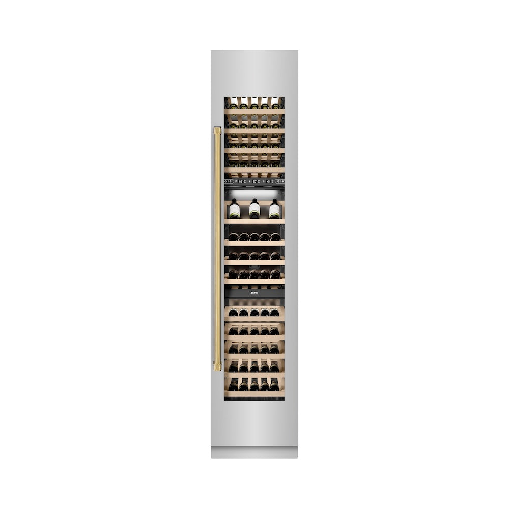 ZLINE Autograph Edition 18 in. 9.0 cu. ft. Triple Zone 68 Bottle Right Hinge Column Wine Cooler in Stainless Steel with Polished Gold Accents (RCWVRZ-30418-G) front, closed.
