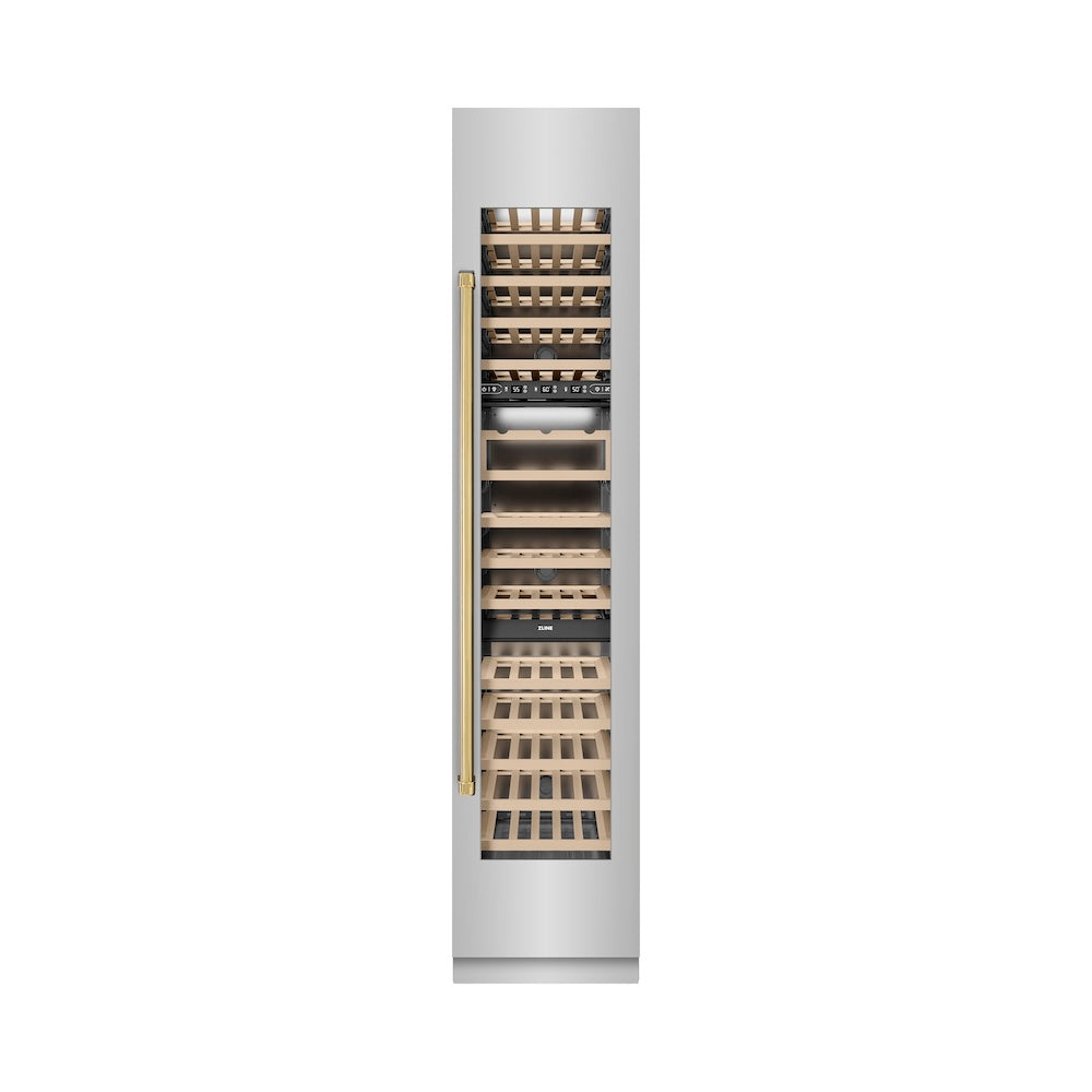 ZLINE Autograph Edition 18 in. 9.0 cu. ft. Triple Zone 68 Bottle Right Hinge Column Wine Cooler in Stainless Steel with Polished Gold Accents (RCWVRZ-30418-G) front, closed.