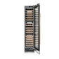 ZLINE Autograph Edition 18 in. 9.0 cu. ft. Triple Zone 68 Bottle Right Hinge Column Wine Cooler in Stainless Steel with Polished Gold Accents (RCWVRZ-30418-G) front, open.