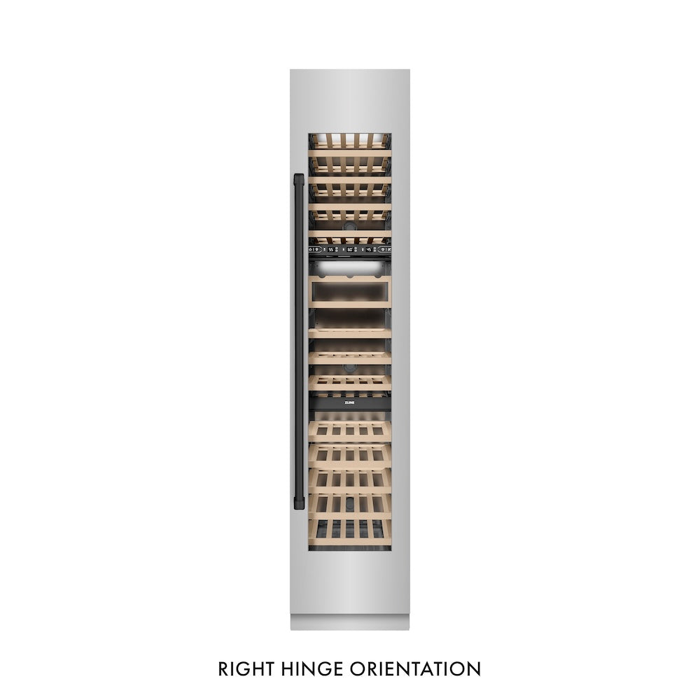 ZLINE Autograph Edition 18 in. 9.0 cu. ft. Triple Zone 68 Bottle Right Hinge Column Wine Cooler in Stainless Steel with Matte Black Accents (RCWVRZ-30418-MB) front, closed.