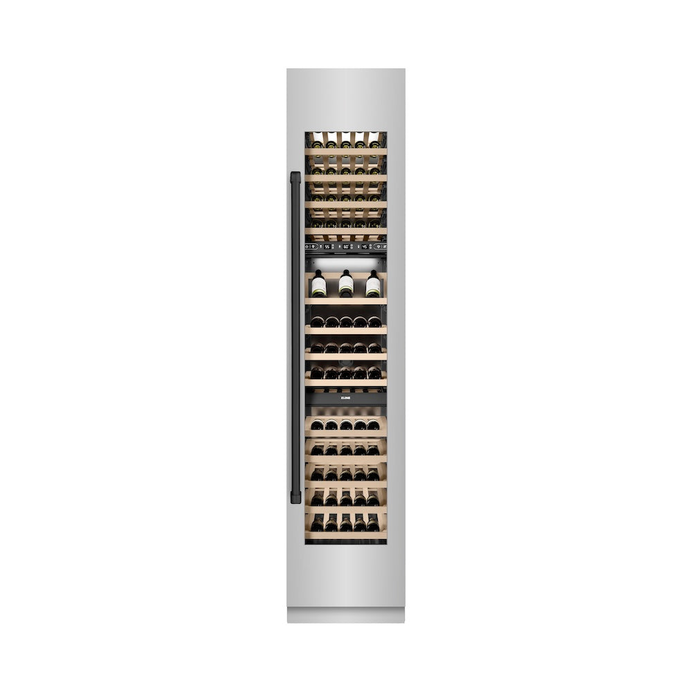 ZLINE Autograph Edition 18 in. 9.0 cu. ft. Triple Zone 68 Bottle Right Hinge Column Wine Cooler in Stainless Steel with Matte Black Accents (RCWVRZ-30418-MB) front, closed.