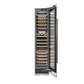 ZLINE Autograph Edition 18 in. 9.0 cu. ft. Triple Zone 68 Bottle Right Hinge Column Wine Cooler in Stainless Steel with Matte Black Accents (RCWVRZ-30418-MB) front, open.
