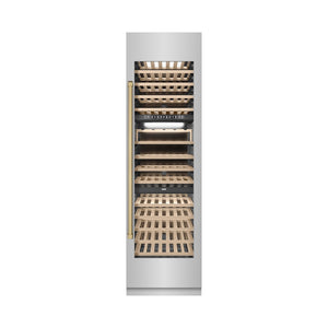 ZLINE Autograph Edition 24 in. 12.4 cu. ft. Triple Zone 100 Bottle Column Wine Cooler in Stainless Steel and Champagne Bronze Accents (RCWVZ-304-24-CB) main image.