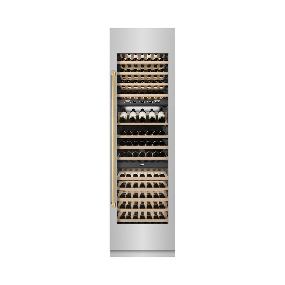 ZLINE Autograph Edition 24 in. 12.4 cu. ft. Triple Zone 100 Bottle Column Wine Cooler in Stainless Steel and Polished Gold Accents (RCWVZ-304-24-G) front, closed.