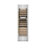 ZLINE Autograph Edition 24 in. 12.4 cu. ft. Triple Zone 100 Bottle Column Wine Cooler in Stainless Steel and Polished Gold Accents (RCWVZ-304-24-G) front, closed.
